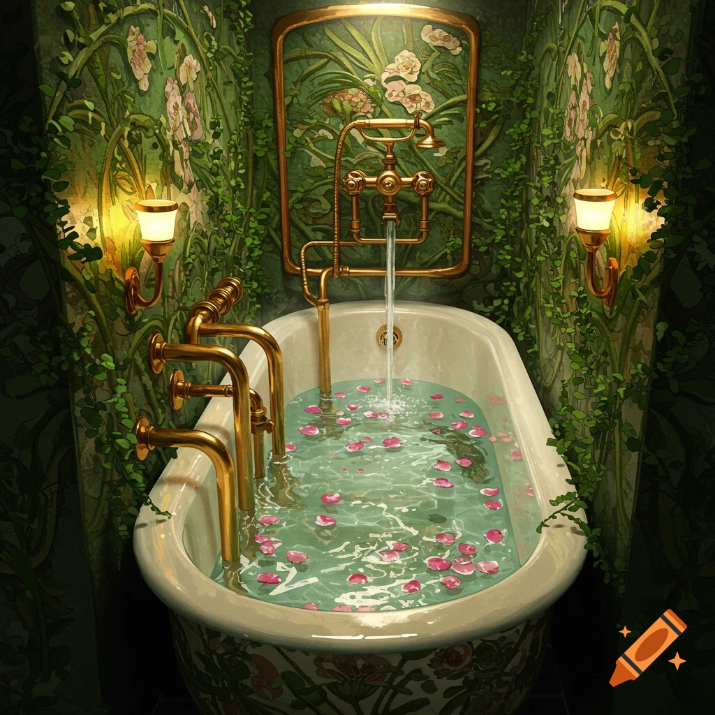 An ornate bathtub in a lush, green room with floral wallpaper and climbing vines. Water flows into the tub filled with rose petals from multiple brass faucets.