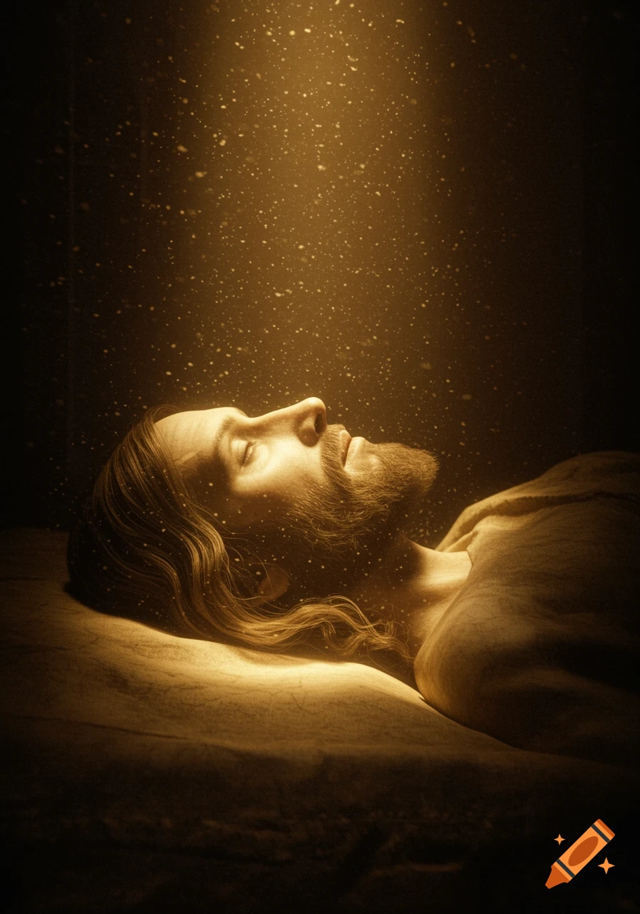 A sepia-toned image of a man with long hair and a beard, lying down with eyes closed, illuminated by a dramatic beam of light with visible dust particles.