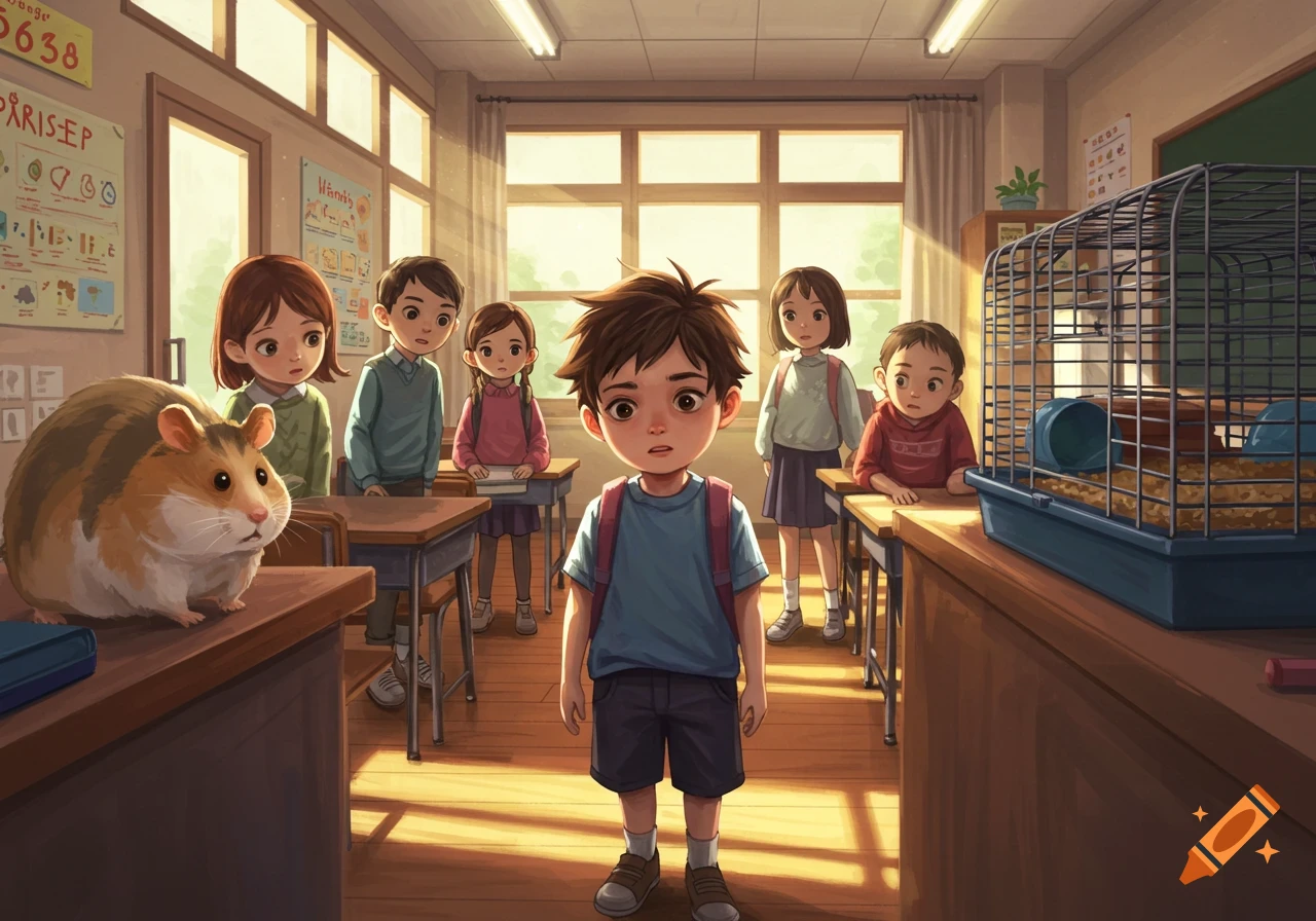 A small boy stands in a classroom, looking self-conscious, surrounded by other children and a large hamster on a desk, in an animated style.