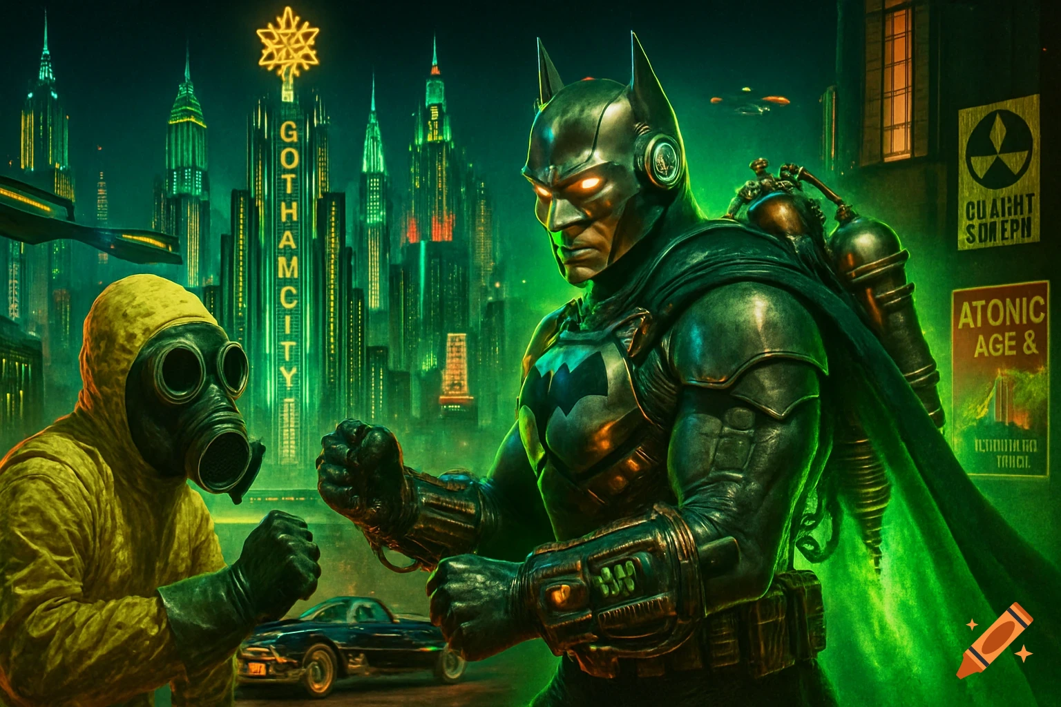 Batman in a bulky, metal suit with glowing eyes faces a figure in a yellow hazmat suit against a neon-green lit Gotham City skyline. The scene has a retro-futuristic, atompunk style.