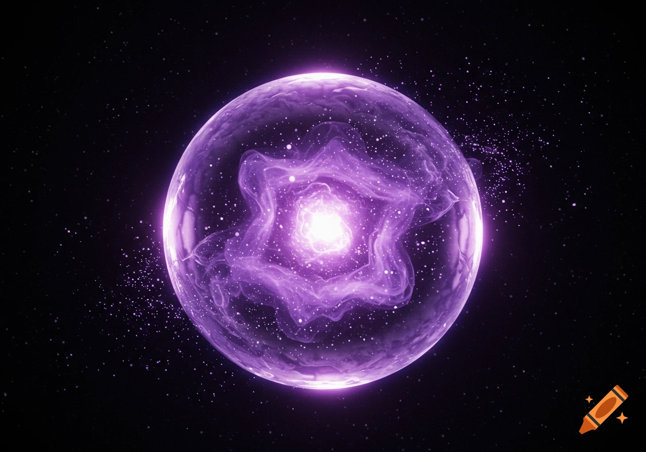 A vibrant purple glowing sphere with swirling patterns and sparkles against a dark, starry background.