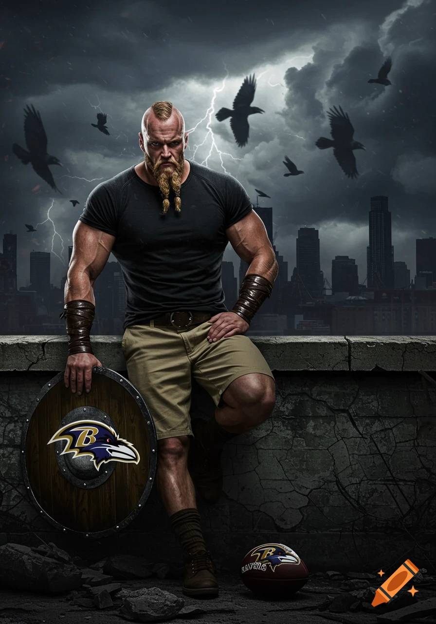 A muscular, bearded man with a mohawk, dressed as a Viking, leans against a wall in a stormy city. He holds a Baltimore Ravens shield, with a Ravens football at his feet and ravens flying in the stormy sky.