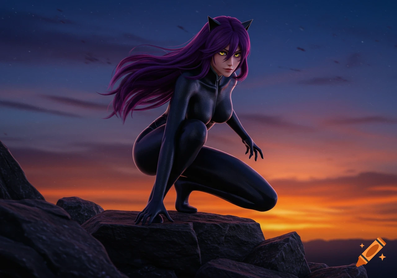 A female anime character with long purple hair and cat ears, wearing a black suit, crouches on rocks against a vivid sunset sky.
