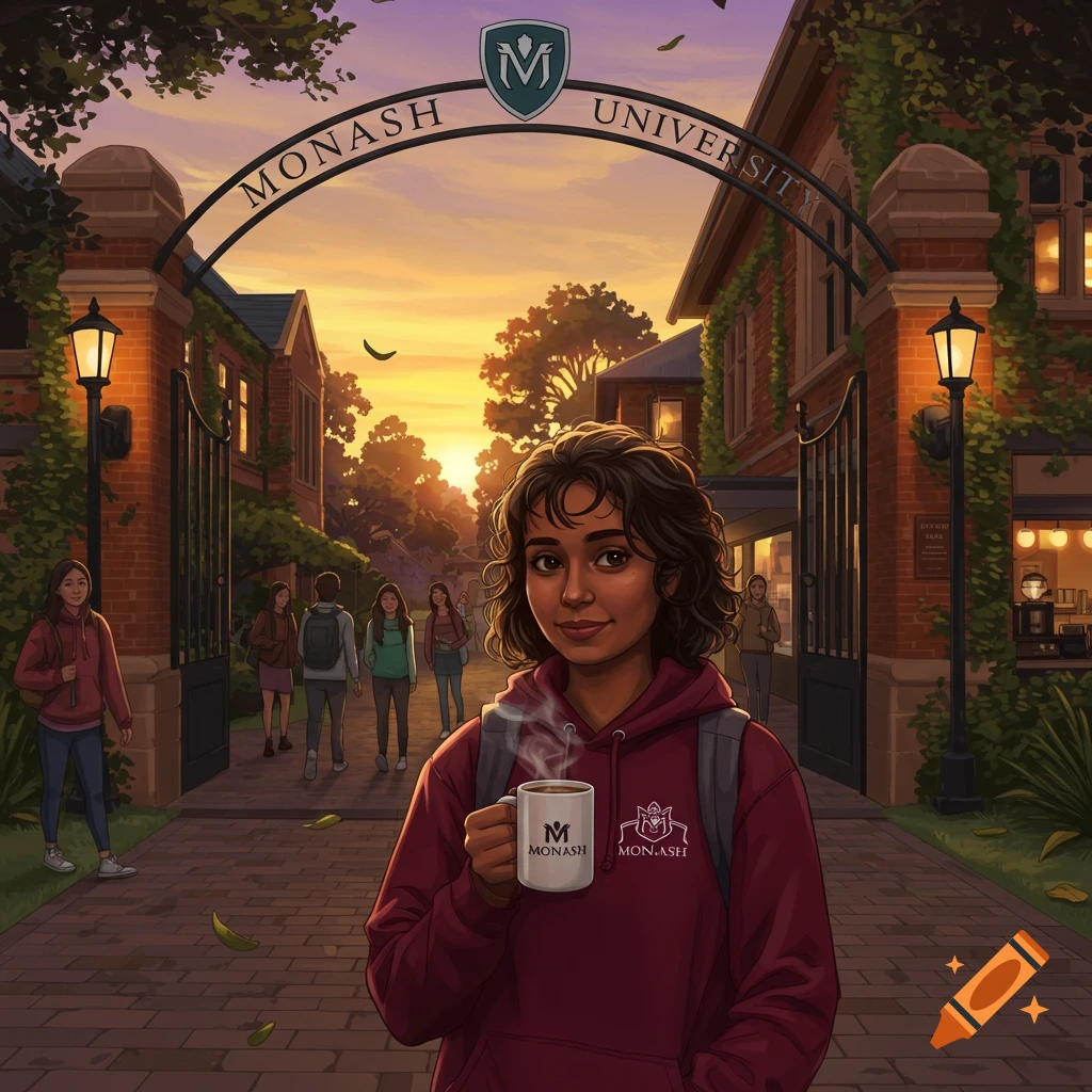 An illustrated young woman in a hoodie holds a steaming mug in front of a university archway at sunset, with other students in the background.