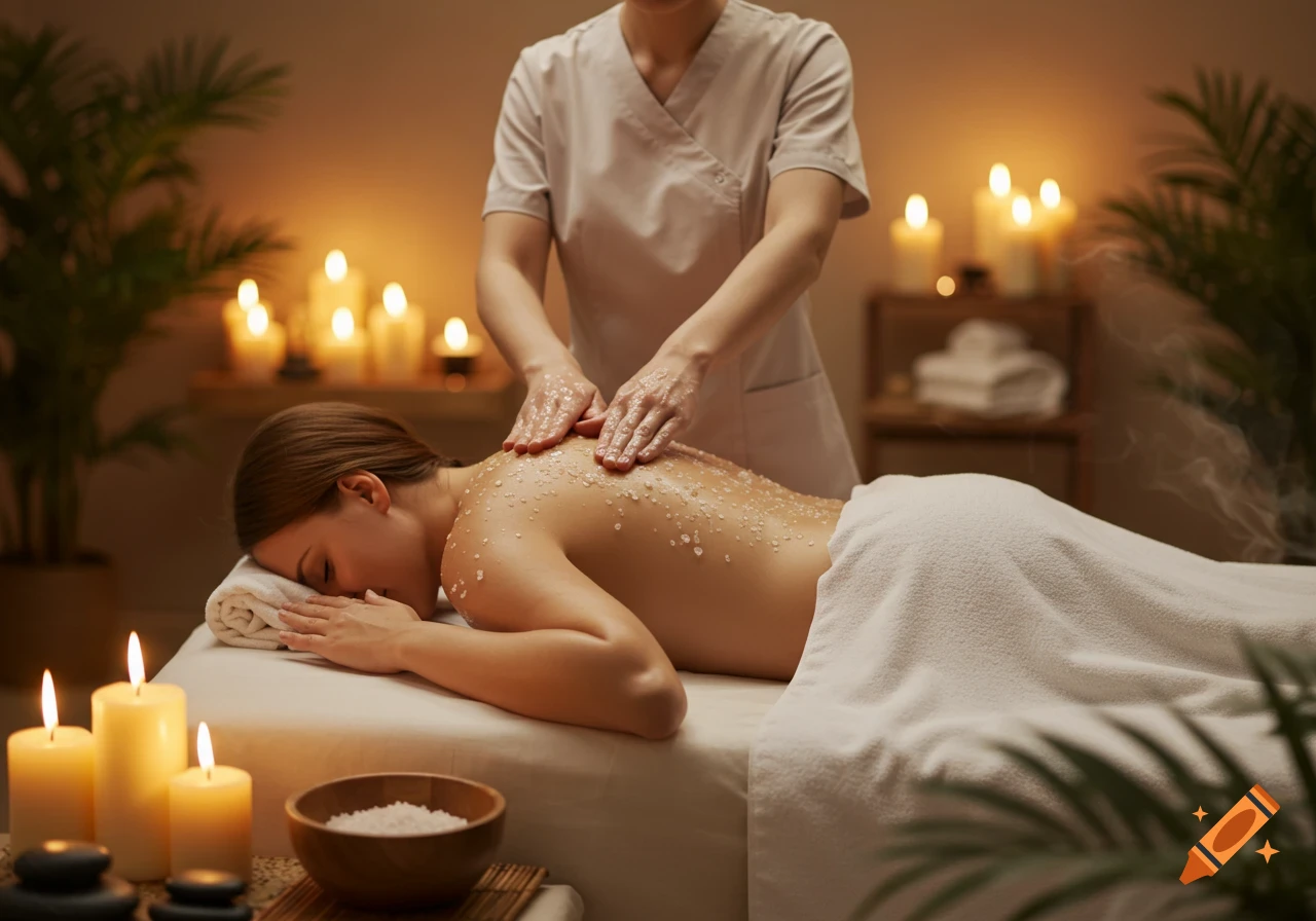 A person getting a back scrub on a massage table at a dimly lit spa, surrounded by lit candles.
