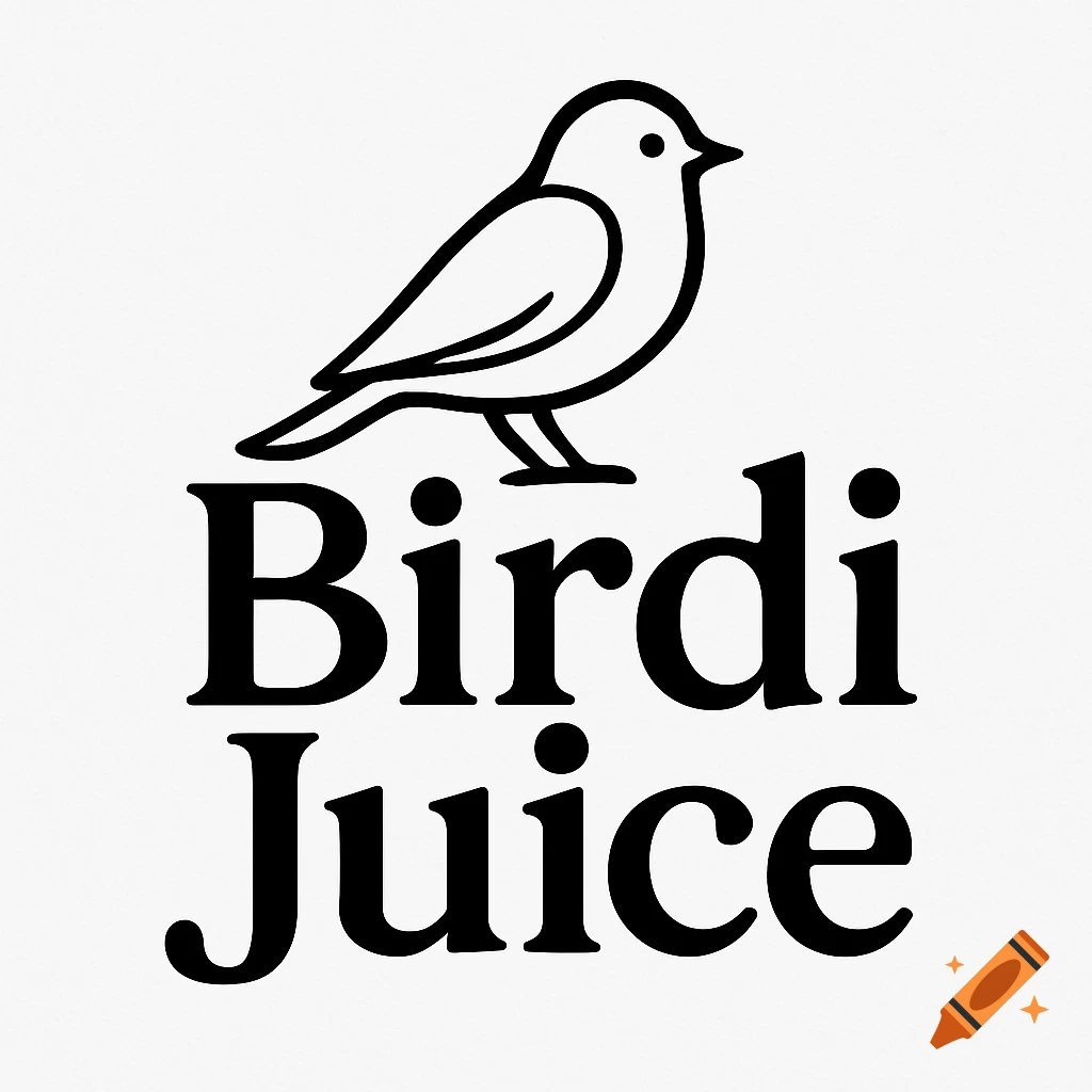 Black and white minimalist logo featuring an outline of a bird above the text 'Birdi Juice'.