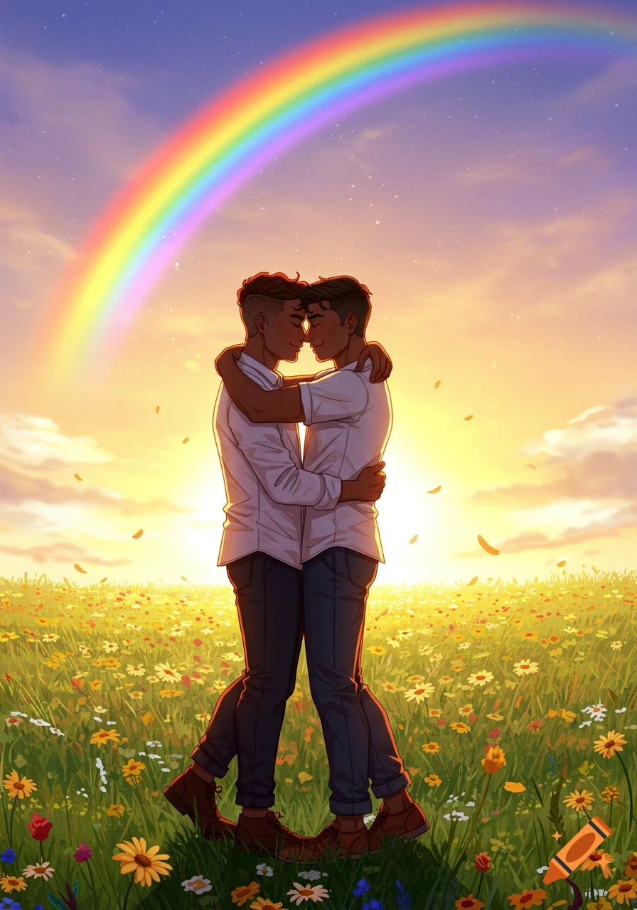 Two men embrace in a vibrant field of flowers under a colorful rainbow and sunset, digital art.