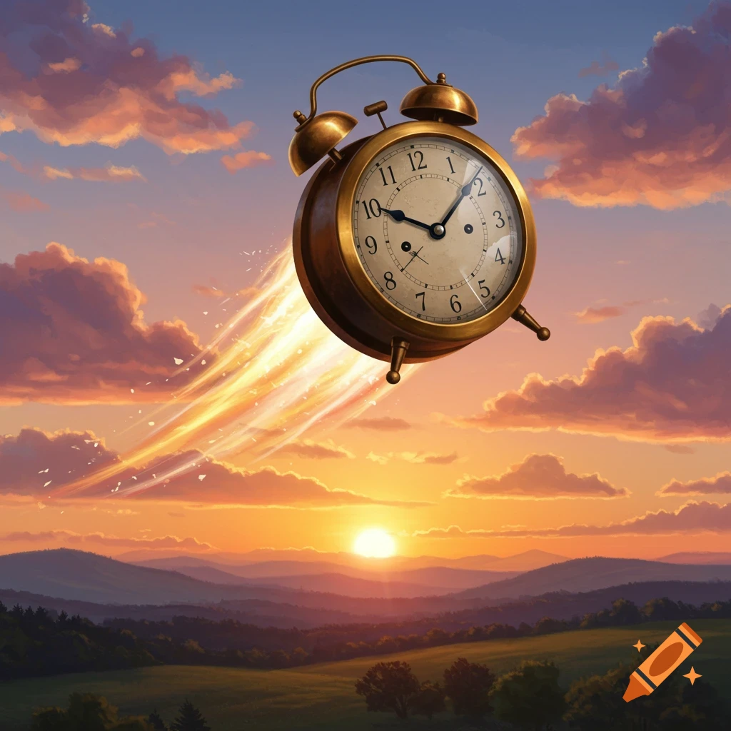 A vintage alarm clock with a fiery trail flies across a vibrant sunset sky over a rolling green and purple landscape.