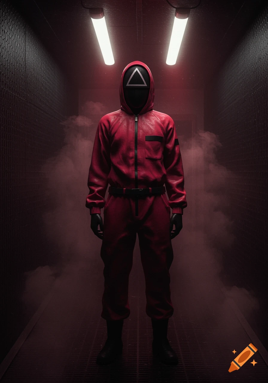 A Squid Game guard in a red uniform and triangular mask stands menacingly in a dark, smoky corridor under bright lights.