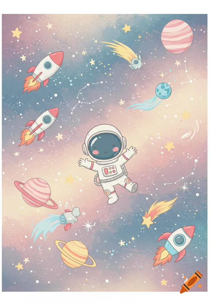 Cute cartoon astronaut floats in pastel space surrounded by rockets, planets, comets, and stars.