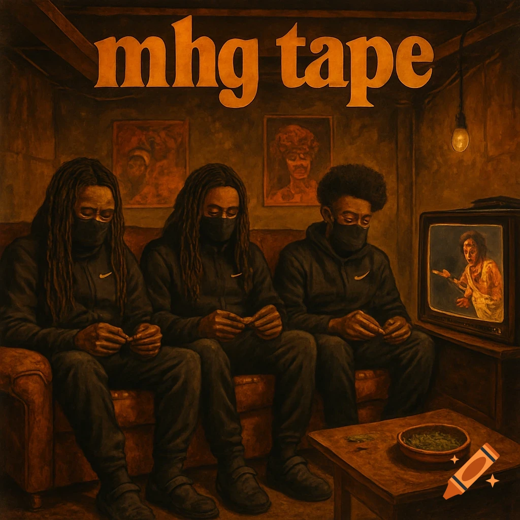 Three men in black masks and tracksuits rolling weed on a couch in a dimly lit basement, watching a TV with the words 'mhg tape' above.