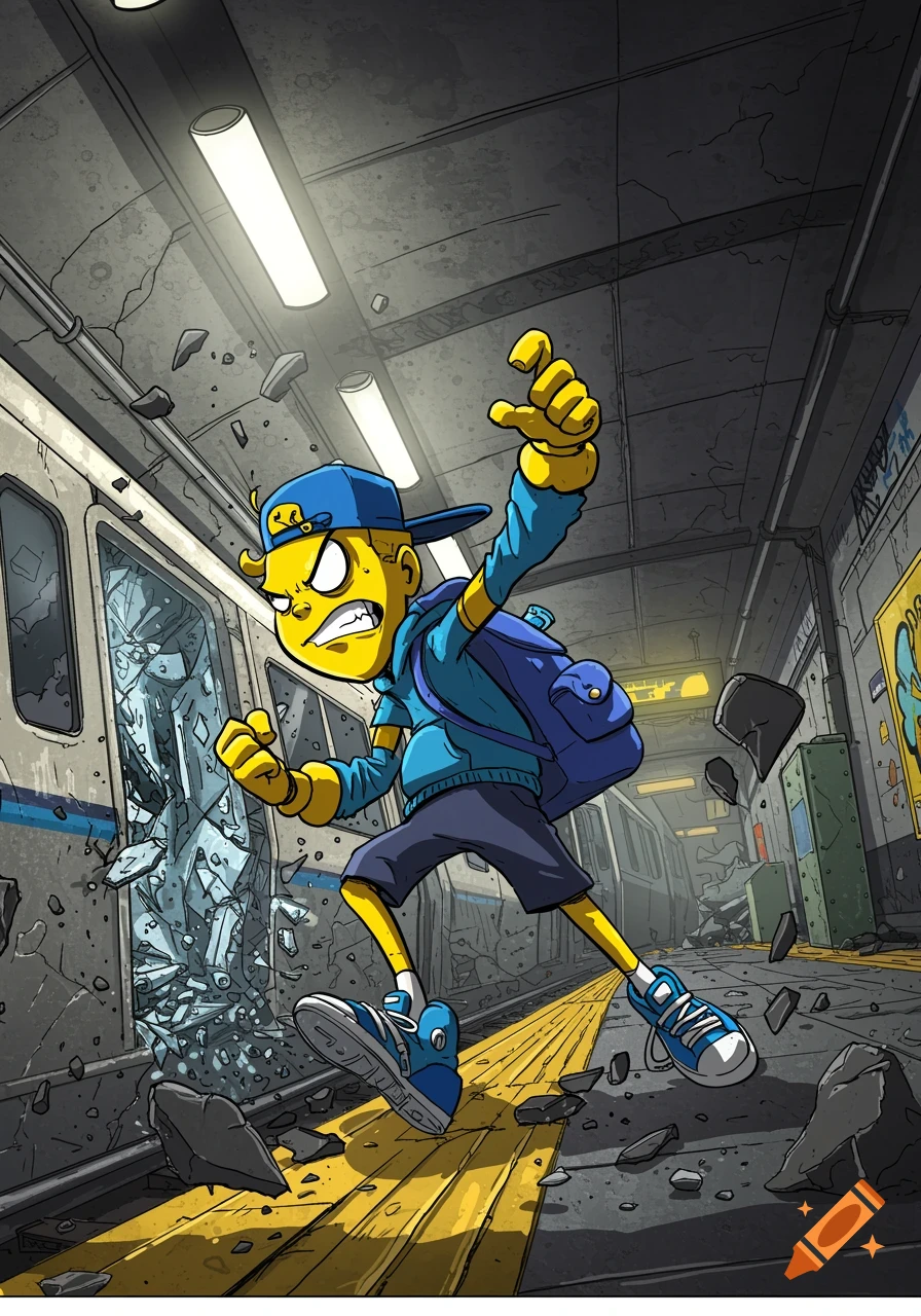A stylized yellow cartoon character in a blue hat and backpack violently smashes a subway car, creating debris in a subway station.