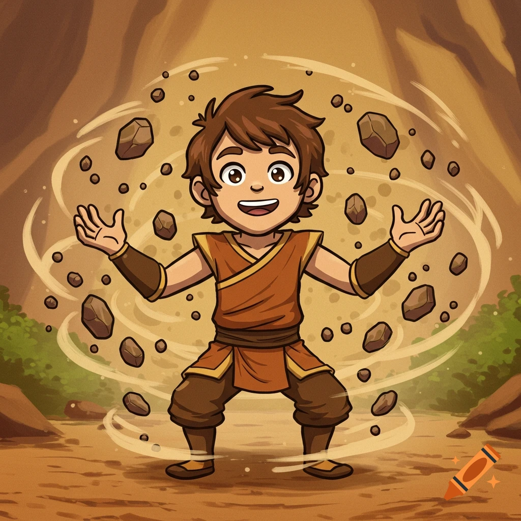 A cartoon boy with brown hair in an orange tunic earthbends, surrounded by swirling rocks in a desert landscape.