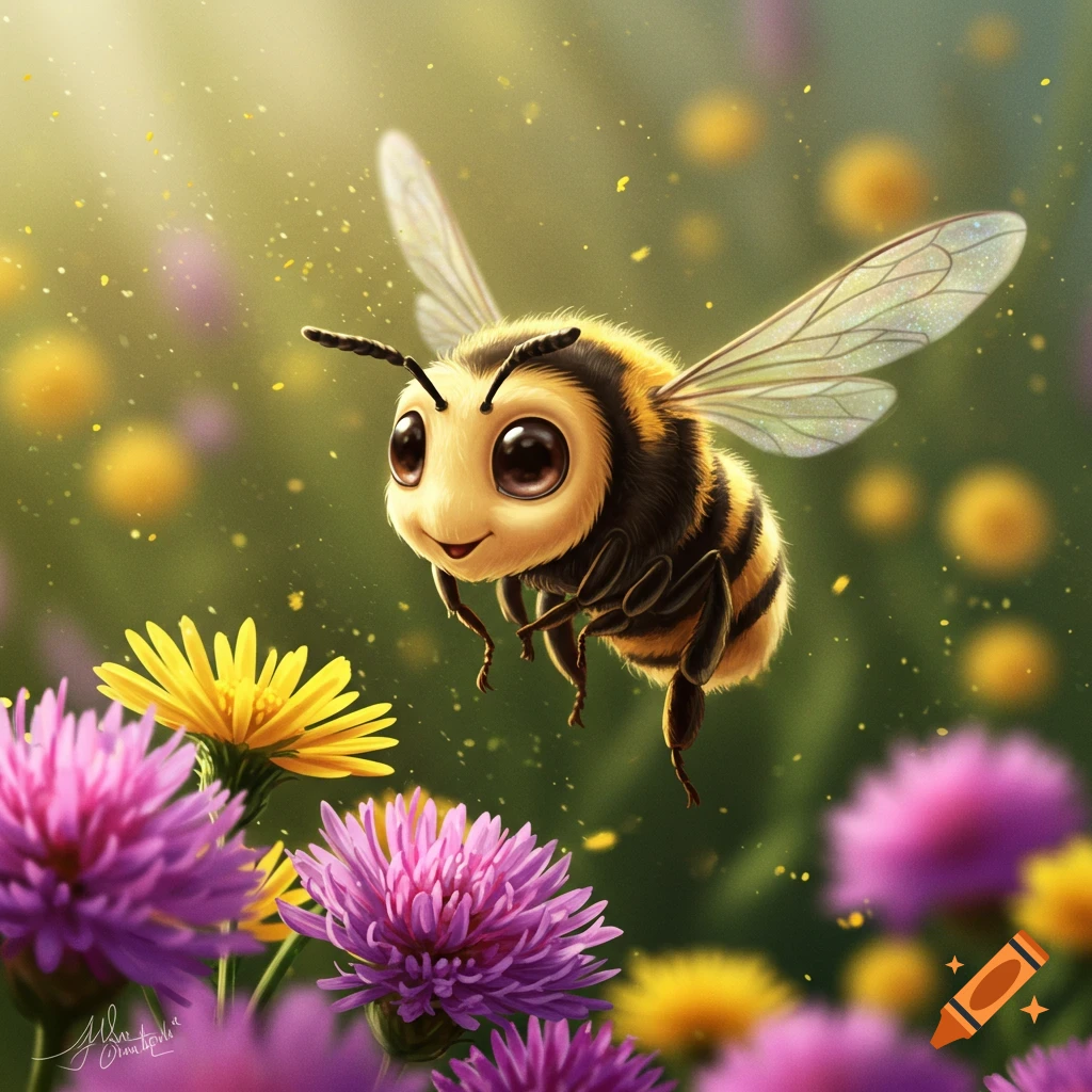 A cute, cartoon-style baby bee with large eyes flies among vibrant purple and yellow flowers in a sunny field, digitally illustrated.