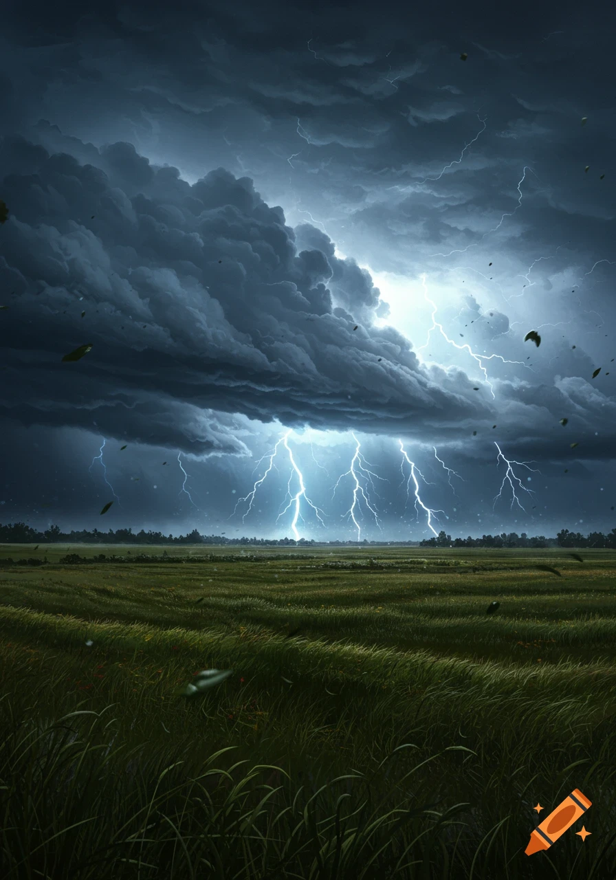 A powerful derecho storm with multiple lightning bolts striking from dark, turbulent clouds over a wide green field.