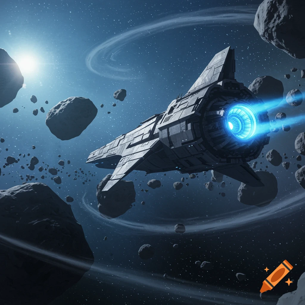 A large, grey wedge-shaped spaceship with a glowing blue engine flies through an asteroid field in deep space, with a bright star in the background.