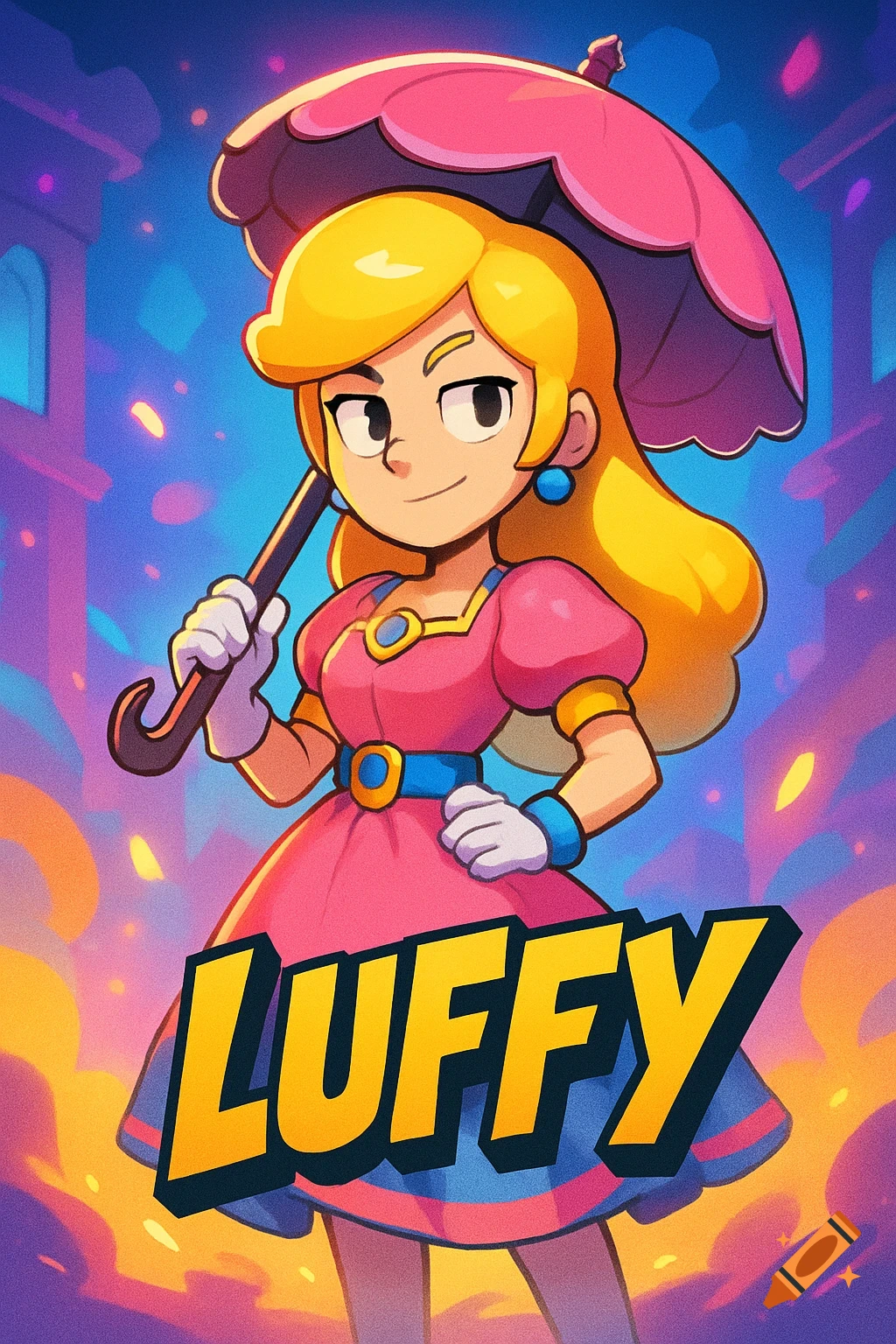 A cartoon girl with blonde hair and a pink dress, holding a pink umbrella, with the word "LUFFY" written below her.