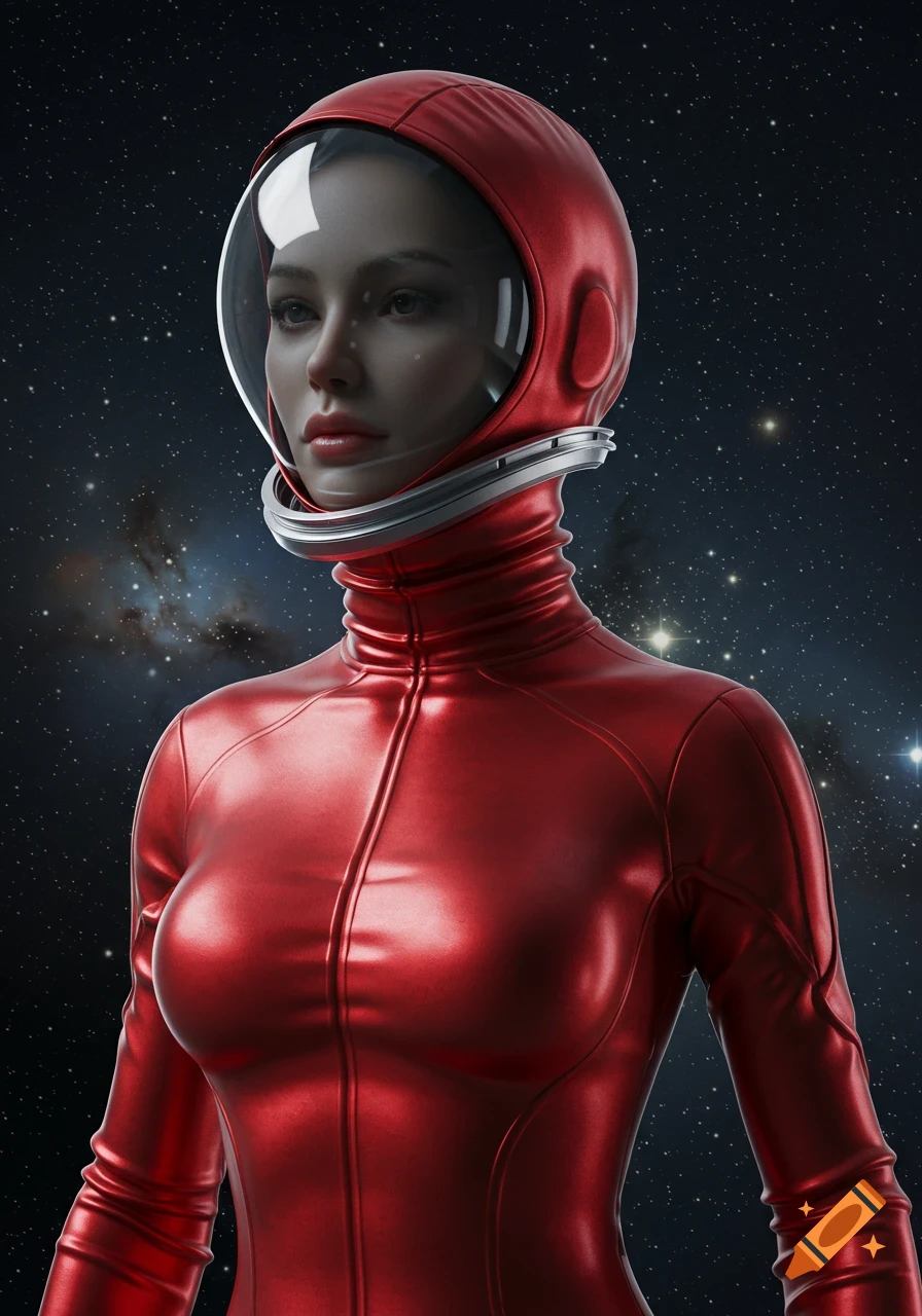 A woman in a shiny red spacesuit with a clear helmet visor stands against a starry space background.