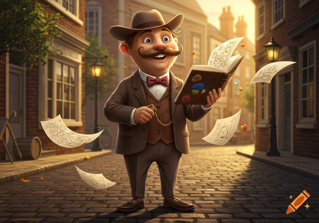 A whimsical cartoon man with a large mustache and brown hat holds an open book, as pages with drawings magically fly around him on a cobblestone street.