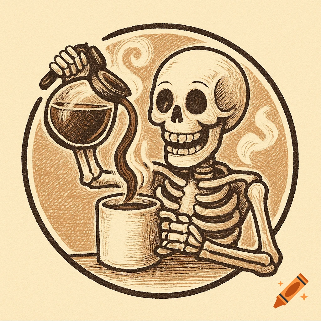 A smiling skeleton pouring coffee from a pot into a steaming mug in a hand-drawn retro style, within a circular badge.