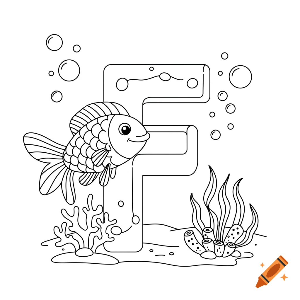 Black-and-white coloring book illustration of the uppercase letter F with a smiling cartoon fish and underwater elements.