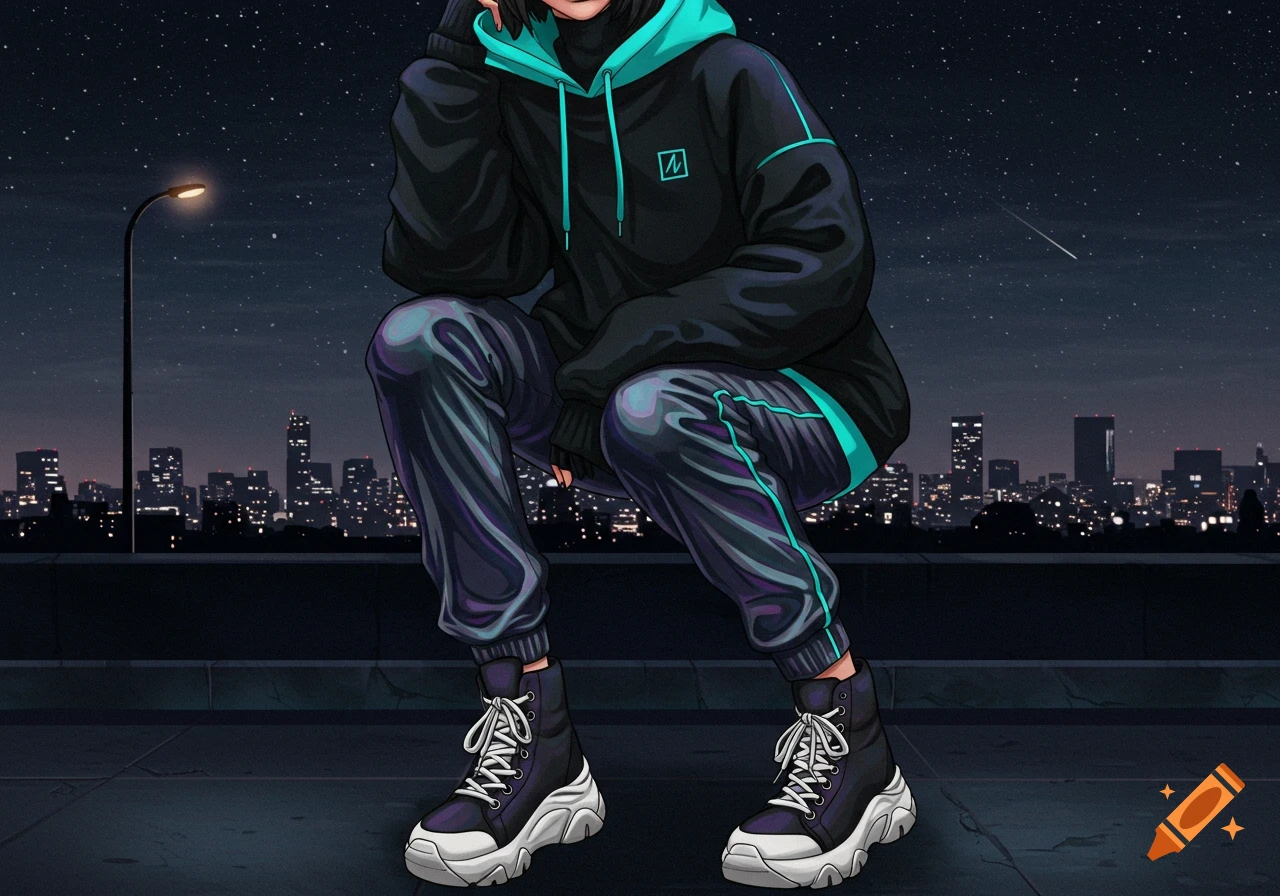 A stylized person in a black and cyan hoodie, dark track pants, and chunky boots crouches on a city rooftop at night, with a starry sky and illuminated buildings in the background.