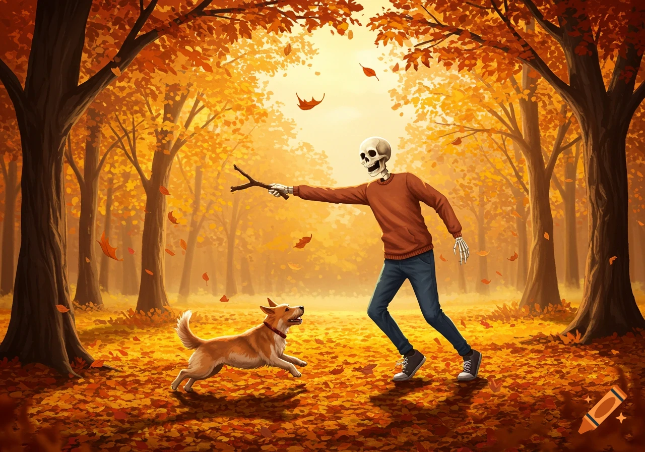 Illustrated skeleton throwing a stick for a dog in a vibrant autumn forest with falling golden leaves.