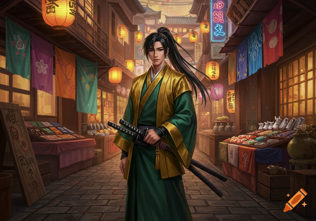 A slender Asian male in gold and green traditional attire holds two swords in a bustling Japanese market street at dusk. Illustrative style.