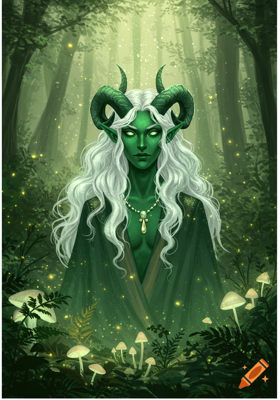 A green-skinned fantasy character with horns, white hair, and glowing emerald eyes in a mystical, luminous green forest with mushrooms.
