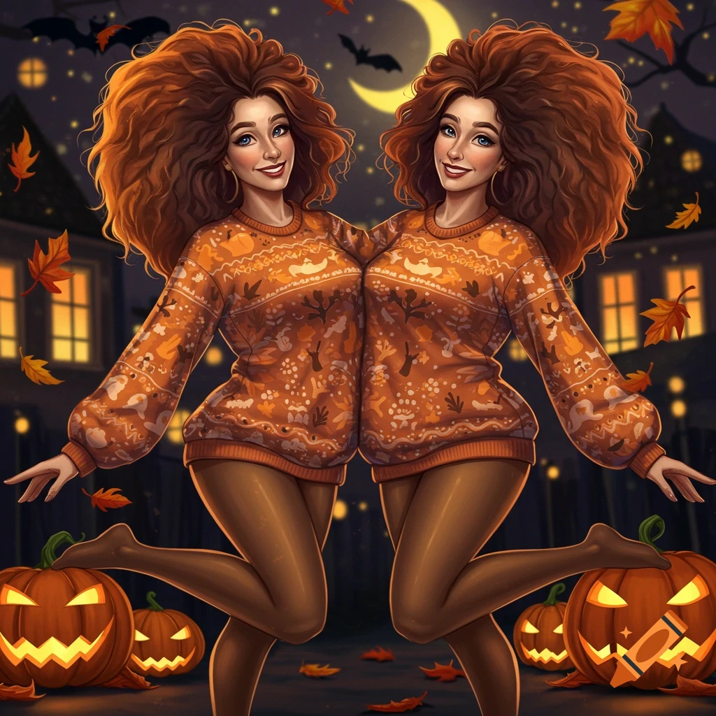 Two conjoined women in orange Halloween sweaters and tights pose with pumpkins at night in a digital illustration.