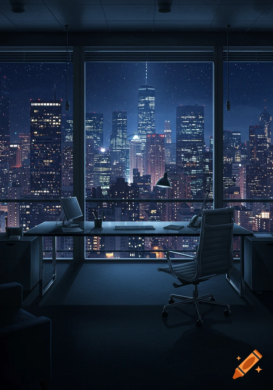 Empty modern office with a desk and chair, overlooking a vibrant city skyline at night under a starry sky.