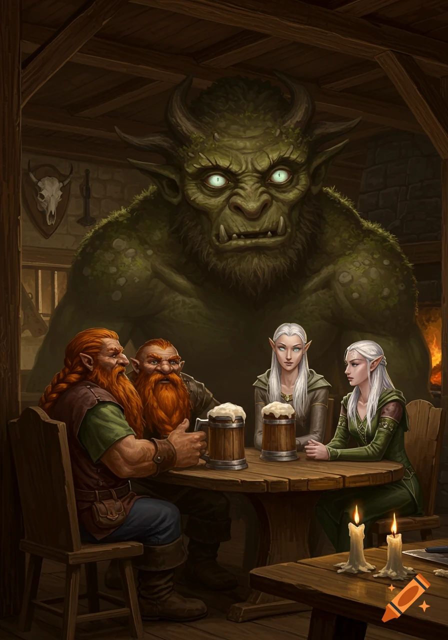 A massive green firbolg with glowing eyes overlooks two red-bearded dwarves and two silver-haired elves drinking beer in a dimly lit medieval tavern.