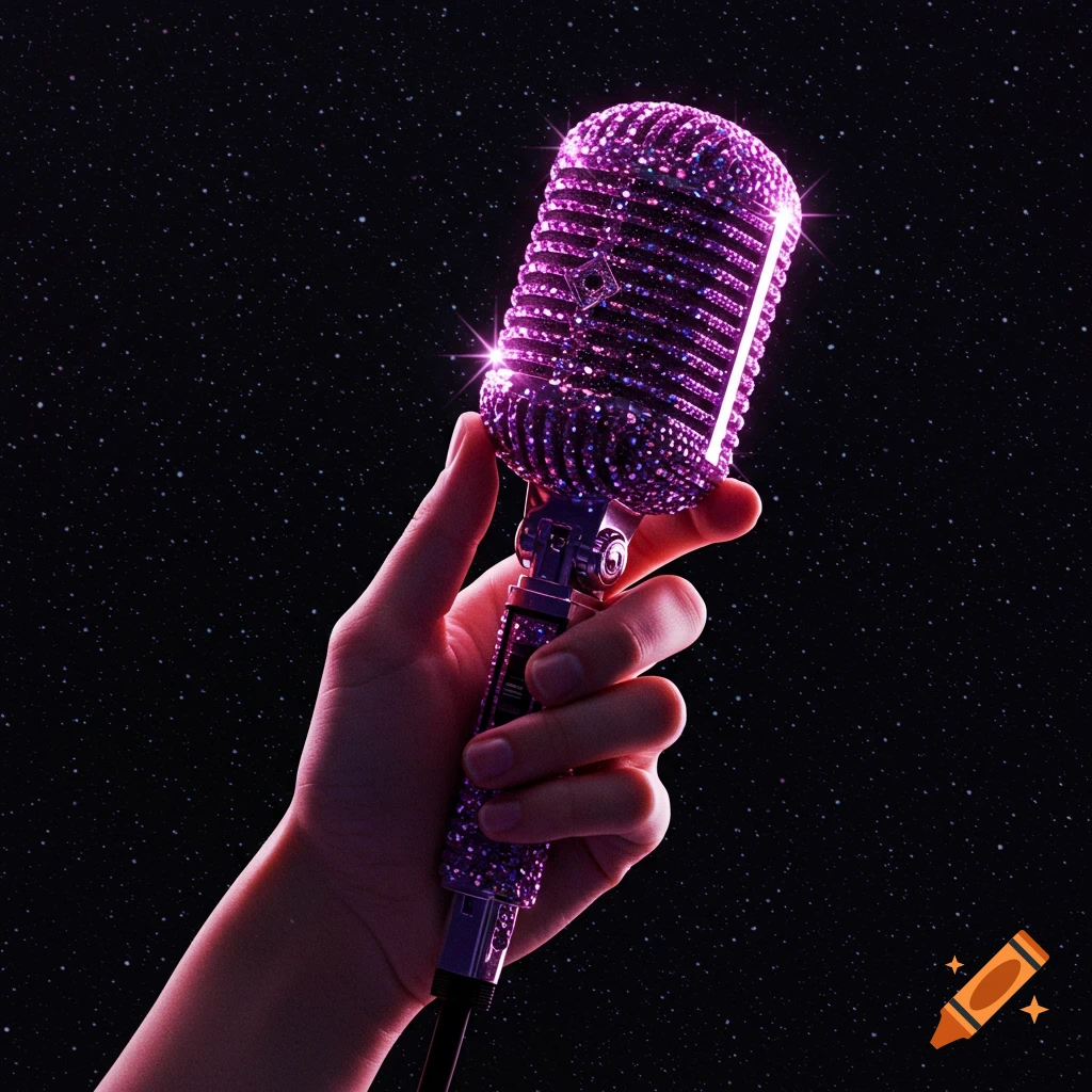 A hand holds a glittering purple crystal-covered microphone against a dark, starry background.