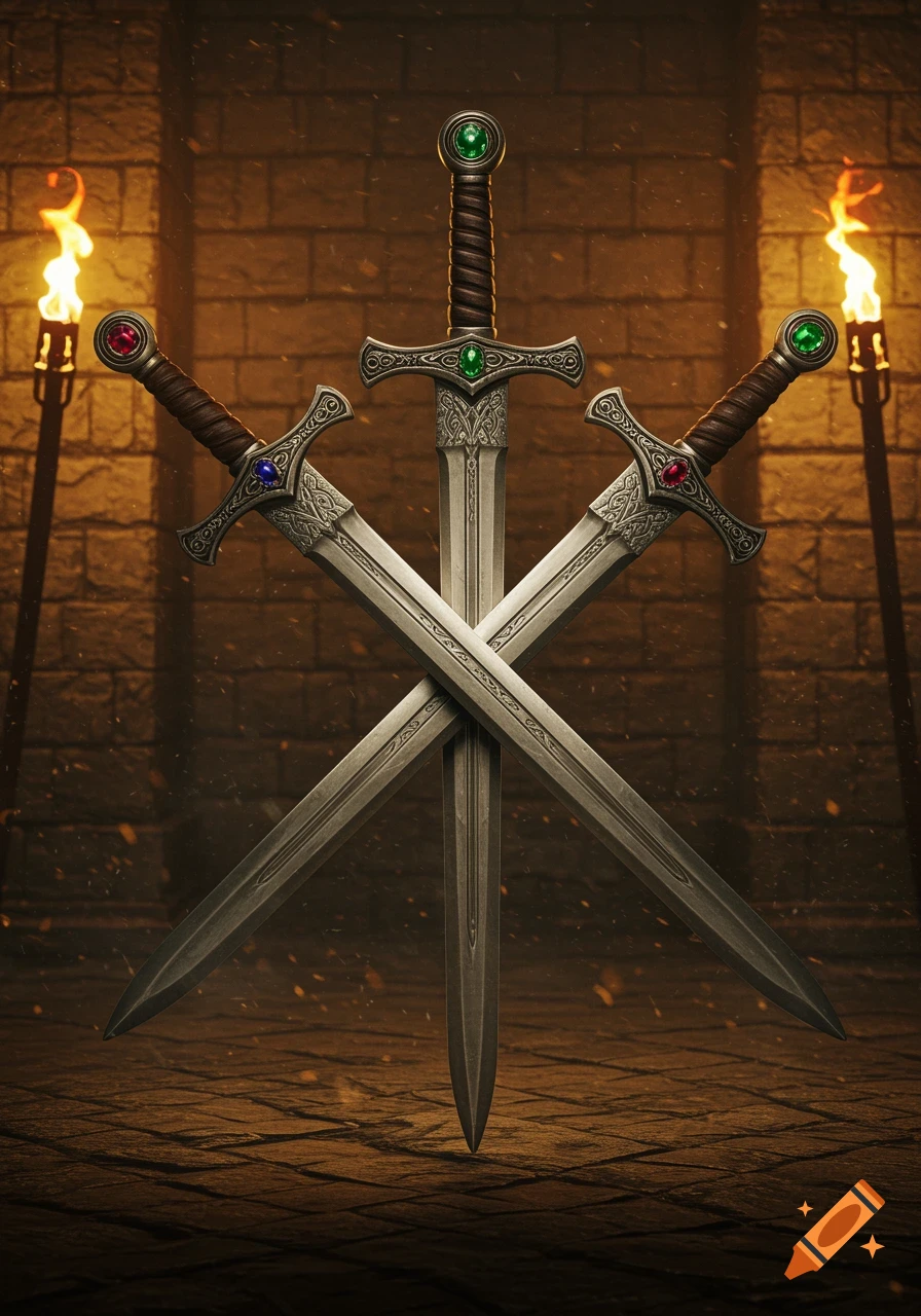 Three ornate swords with jeweled hilts crossed in a dimly lit stone dungeon, illuminated by two flaming torches.