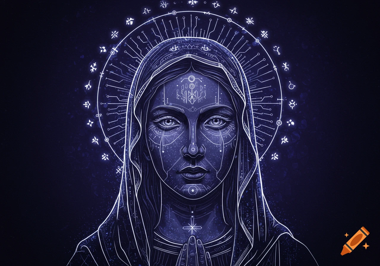 A digital art portrait of Mother Mary, stylized with glowing blue circuitry patterns and a halo of futuristic symbols on a dark background.