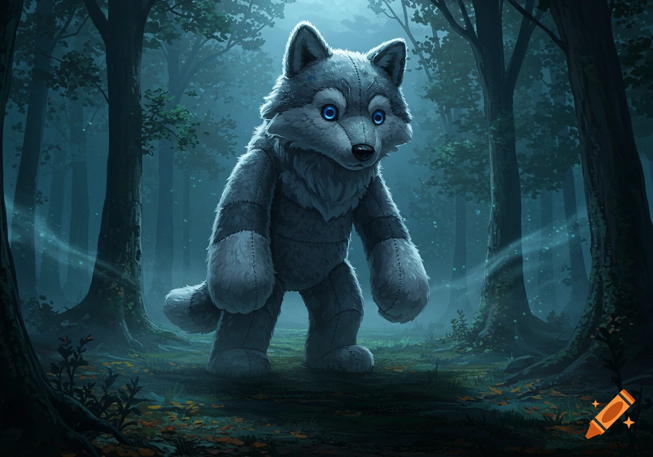 A large plush wolf with bright blue eyes stands in a dark, misty forest.