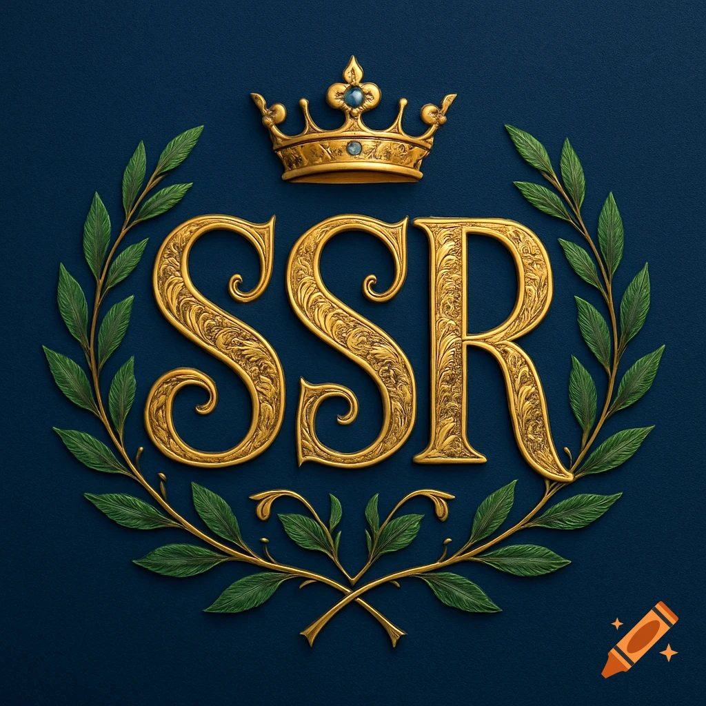 Golden ornate SSR monogram with a crown and laurel wreath on a dark blue background.