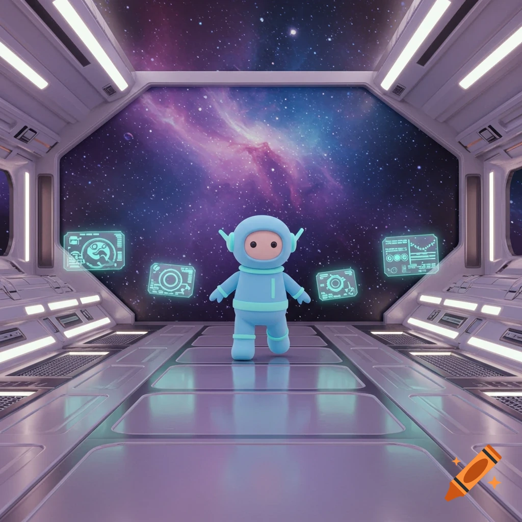 A cute, blue, cartoon-style astronaut character resembling an Among Us crewmate stands in a futuristic spaceship hallway, with a large window showing a nebula and floating holographic displays.