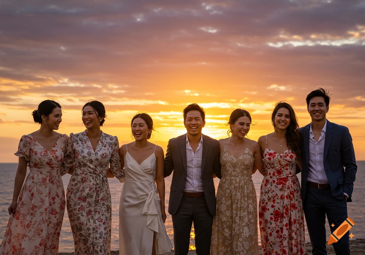 Seven smiling people stand together on a beach at sunset, with the ocean in the background.