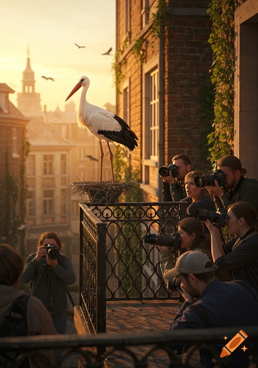 A photorealistic image of a stork standing on a nest on a balcony railing, with several photographers aiming long-lens cameras at it in a sunlit European city.