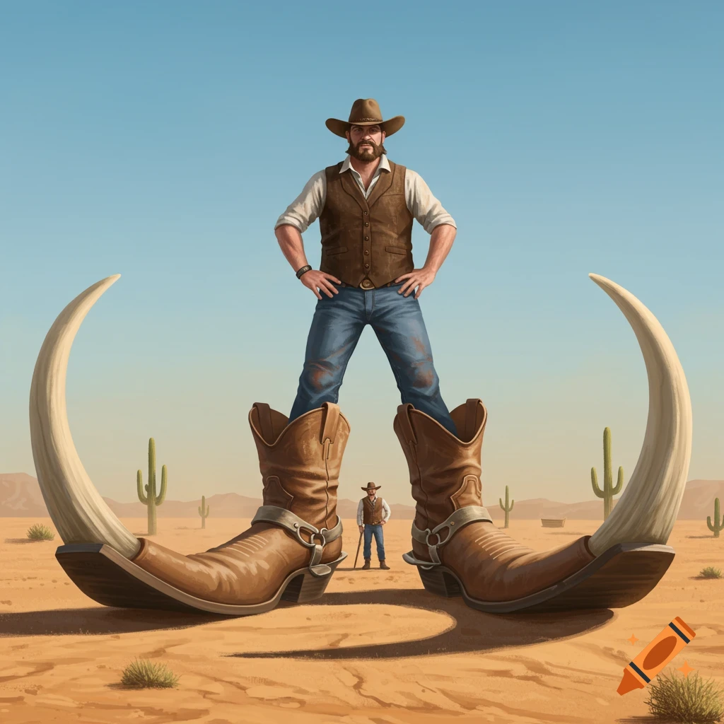 A cowboy in a desert stands in giant boots with long, curved toes. A smaller cowboy stands in the background.