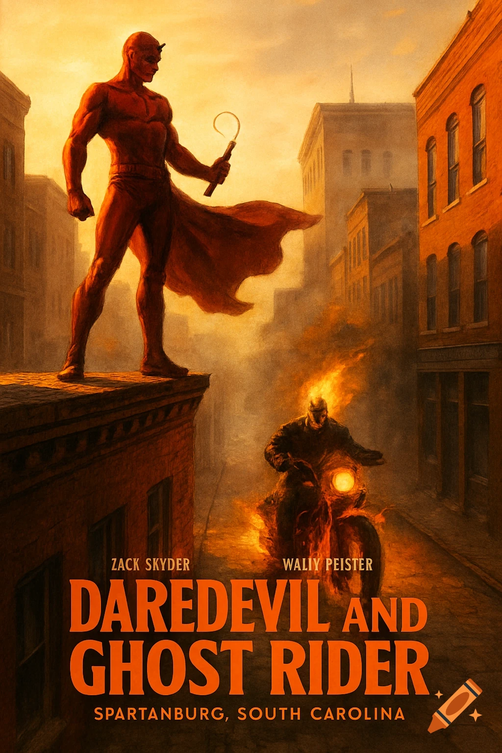 A movie poster featuring Daredevil standing on a rooftop overlooking Ghost Rider on a flaming motorcycle in a city street at sunset.