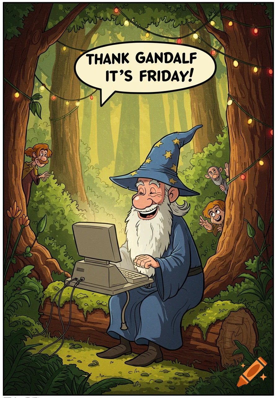 Cartoon of Gandalf in a forest, typing happily on an old computer with a speech bubble saying "THANK GANDALF IT'S FRIDAY!". Two figures peek from trees.