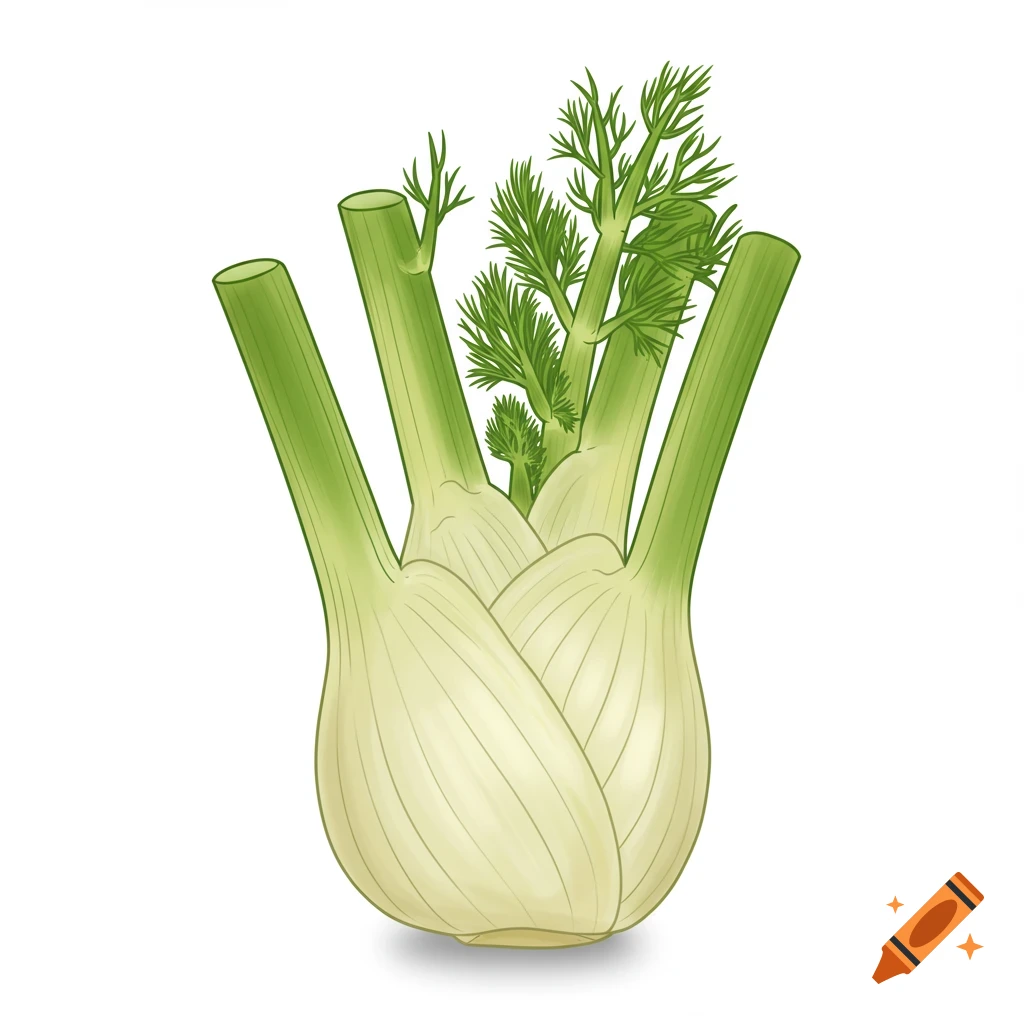 A simple color drawing of a fennel bulb with green fronds on a white background.