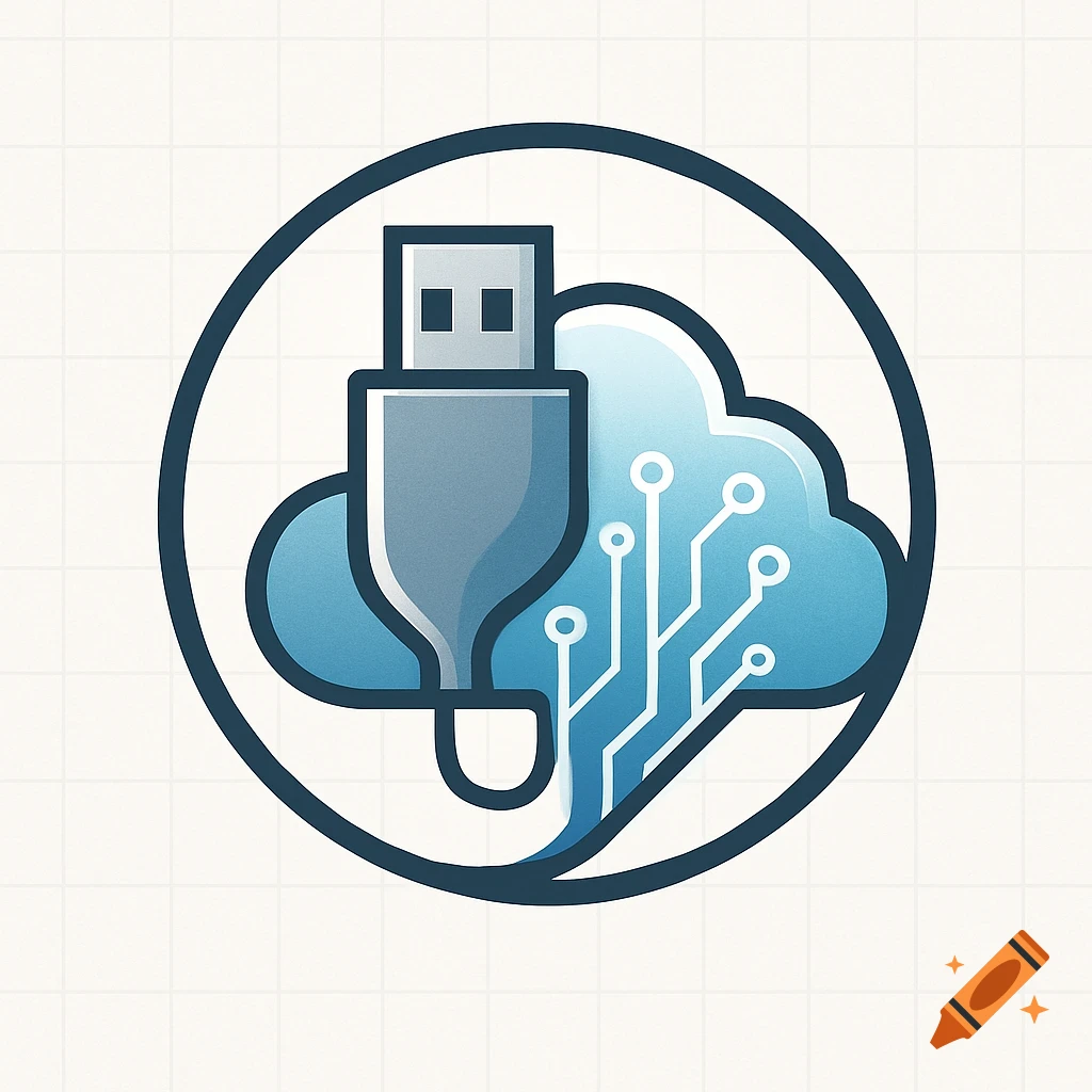 An icon of a gray USB plug connected to a blue cloud with white circuit lines, enclosed in a dark blue circle.