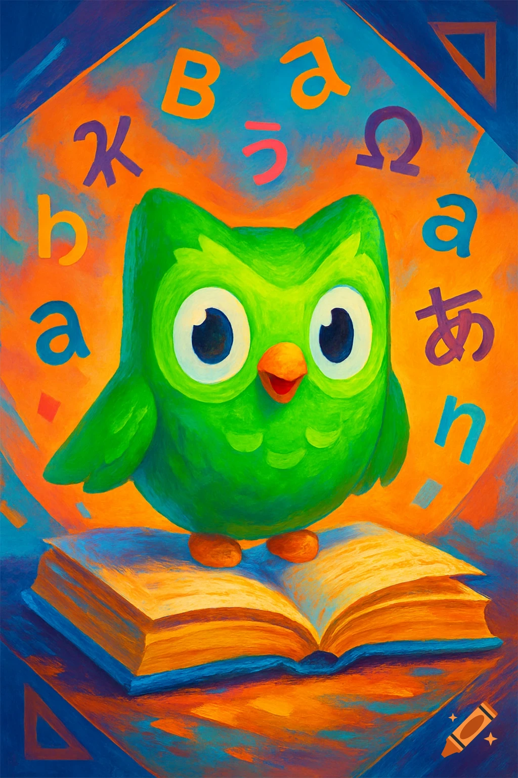 Vibrant painterly illustration of the green Duolingo owl standing on an open book with floating letters.