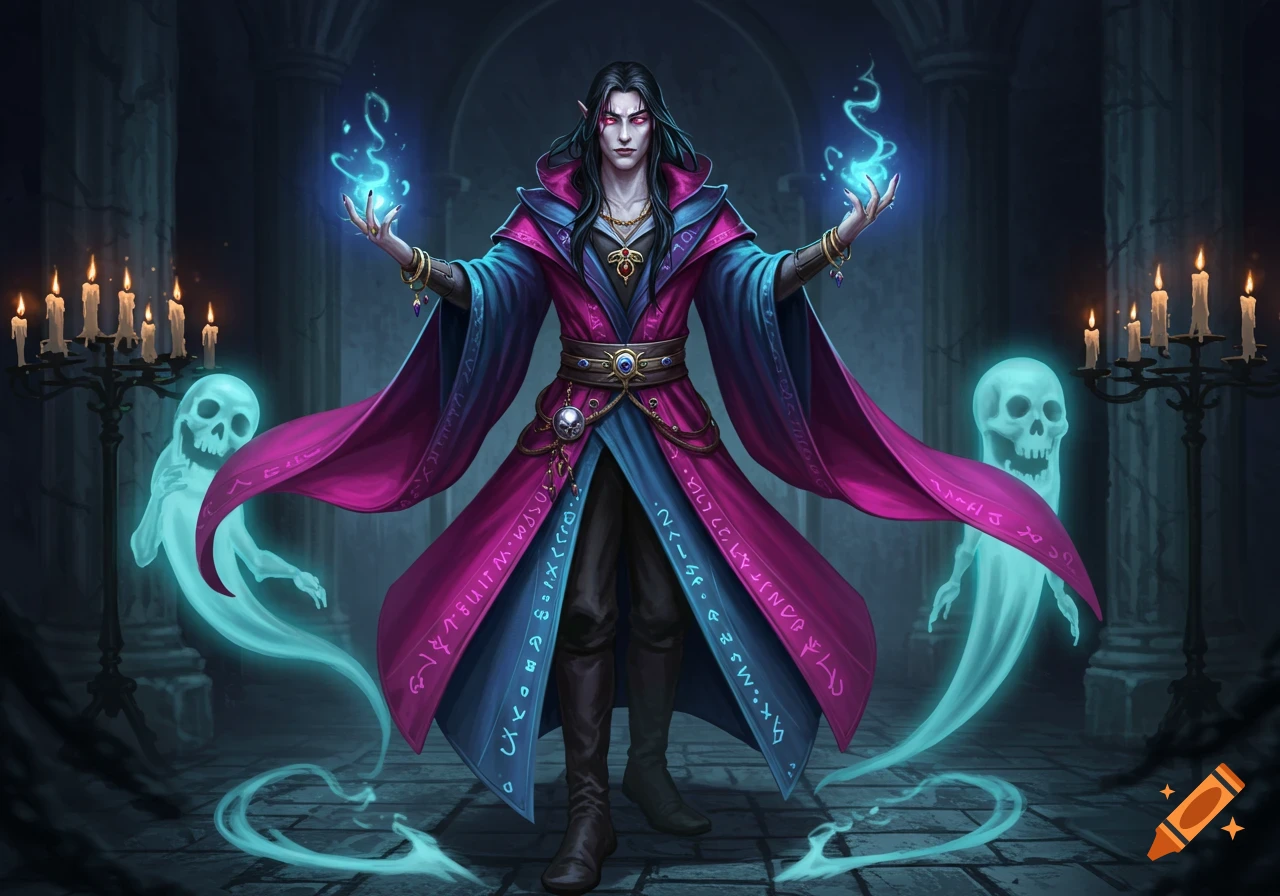 A pale, long-haired male necromancer in a vibrant magenta and blue robe casts a spell with glowing hands, flanked by two ghostly apparitions in a dark, candlelit chamber.
