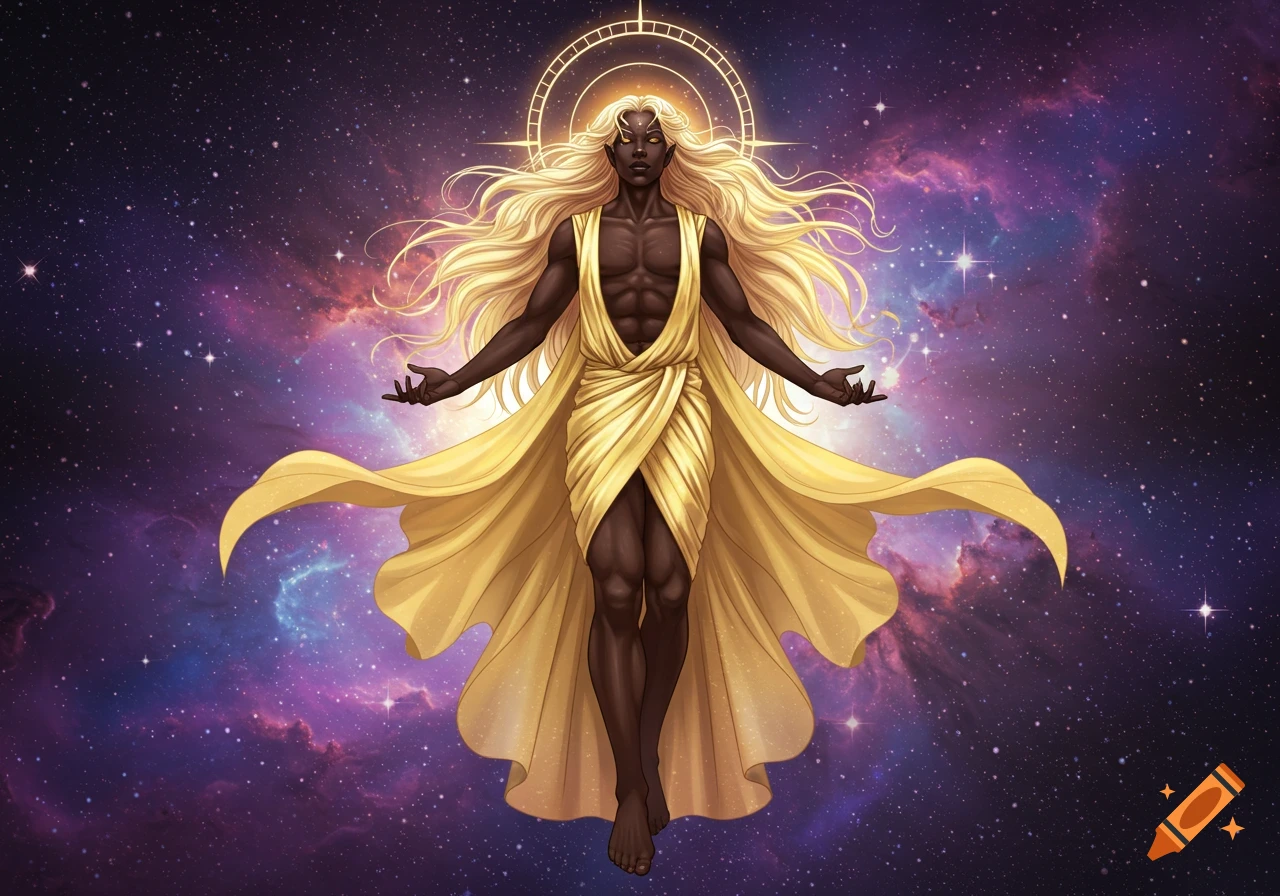 Dark-skinned male figure with long blonde hair, draped in gold, floating in a cosmic, starry nebula background, illustration.