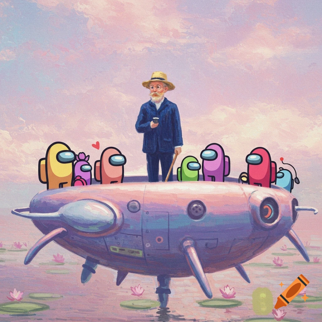 Painterly scene: Claude Monet-like figure and colorful Among Us crewmates on a boat amidst water lilies under a pastel sky.