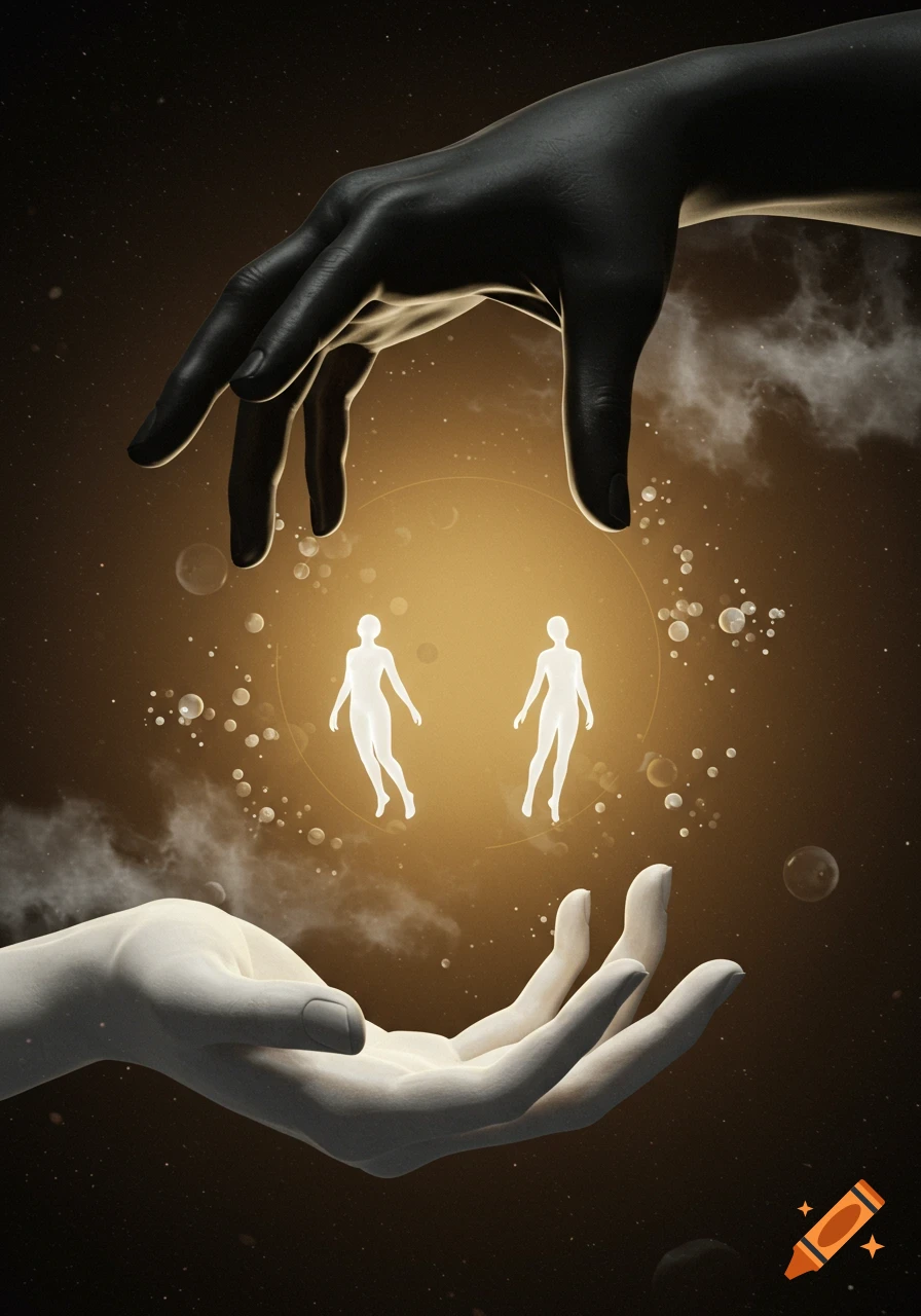 A black hand reaching down towards two glowing white human silhouettes floating above an open white hand, set against a dark, glowing background with bubbles.